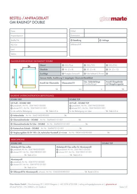 GM RAILING DOUBLE: Bestell- und Anfrageblatt