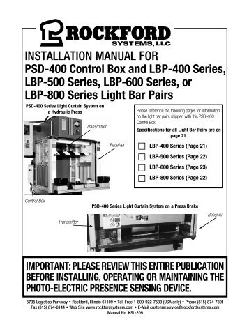 KSL-209 | Installation Manual for PSD-400 Control Box and LBP-400 Series, LBP-500 Series, LBP-600 Series, or LBP-800 Series Light Bar Pairs