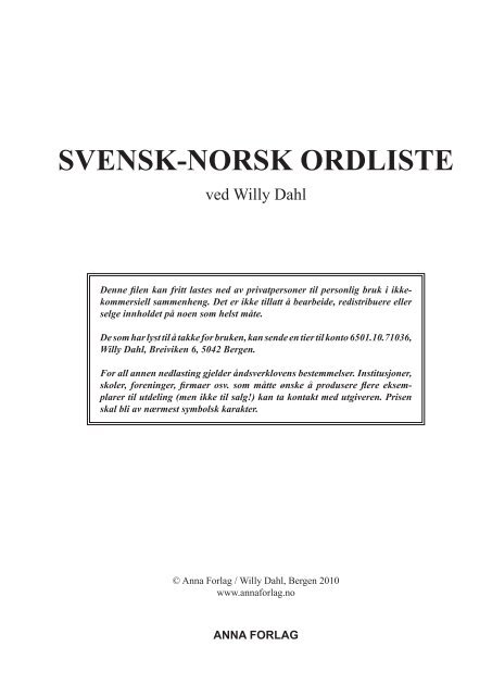SVENSK- NORSK ORDLISTE - Anna Forlag & Antikvariat