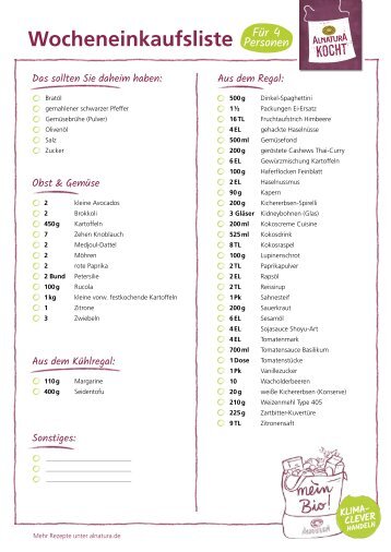 Einkaufsliste für den Alnatura Wochenplan Nr. 4
