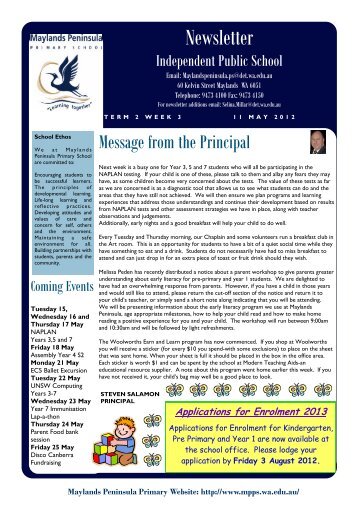 Newsletter 11 May 2012 - Maylands Peninsula Primary School