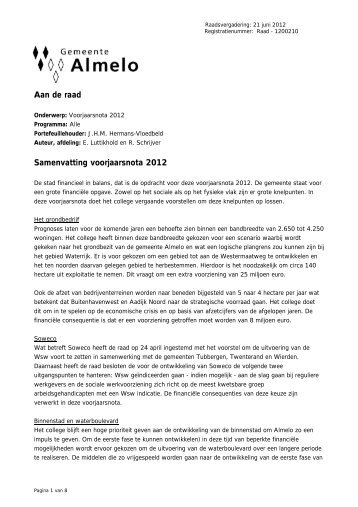 Aan de raad Samenvatting voorjaarsnota 2012 - Gemeente Almelo