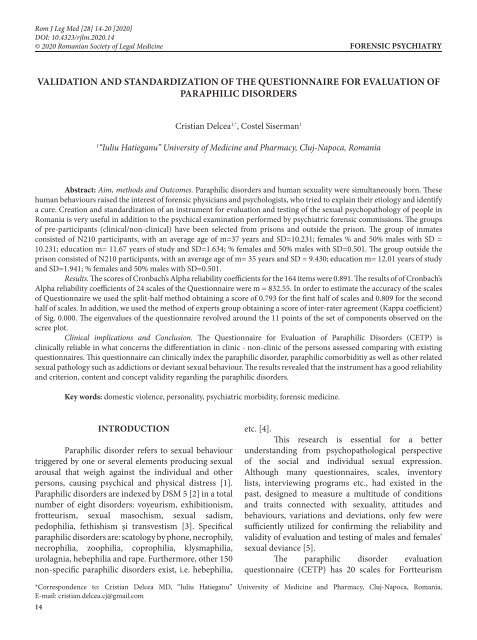 VALIDATION AND STANDARDIZATION OF THE QUESTIONNAIRE FOR EVALUATION OF PARAPHILIC DISORDERS