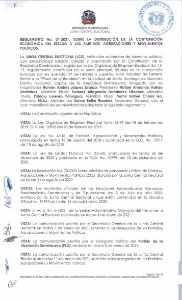 Reglamento 01-2021 - distribución de la contribución economica del Estado a los Partidos, agrupaciones y movimientos políticos