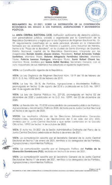 Reglamento 01-2021 - distribución de la contribución economica del Estado a los Partidos, agrupaciones y movimientos políticos