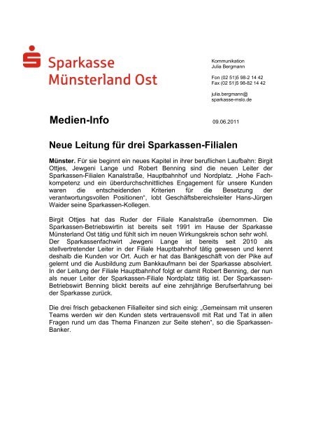 Neue Leitung für drei Sparkassen-Filialen - Sparkasse Münsterland ...