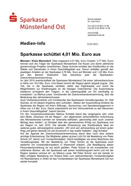 Sparkasse schüttet 4,01 Mio. Euro aus - Sparkasse Münsterland Ost