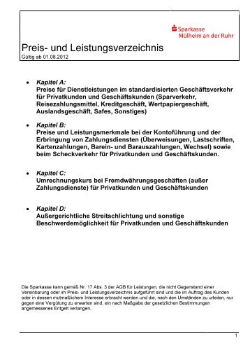 Preis- und Leistungsverzeichnis - Sparkasse Mülheim an der Ruhr