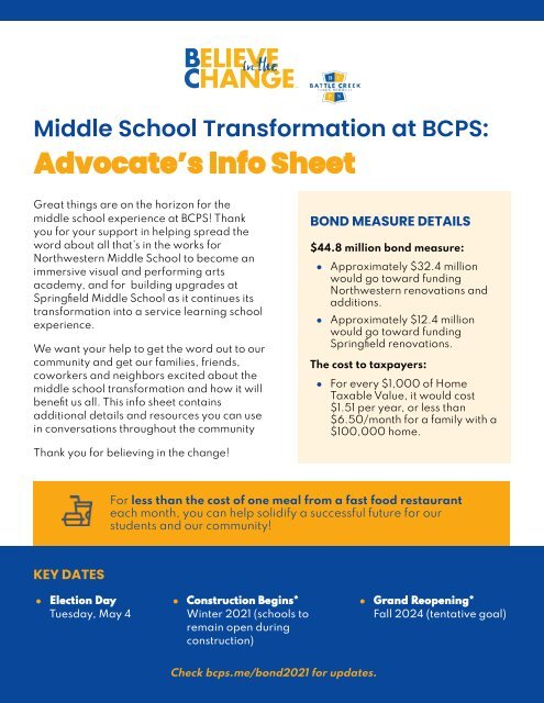 BCPS Middle School Transformation Bond Info Sheet