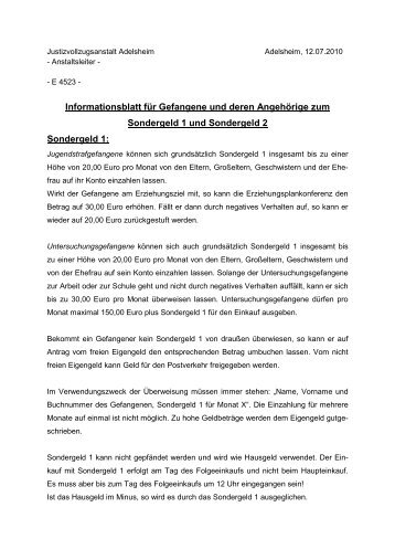 Infoblatt für Angehörige über Sondergeld - JVA Adelsheim