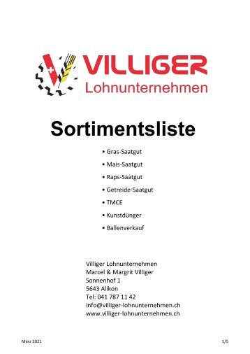 Sortimentsliste Villiger-Lohnunternehmen