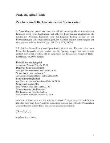 Prof. Dr. Alfred Toth Zeichen- und Objektrelationen in Speisekarten