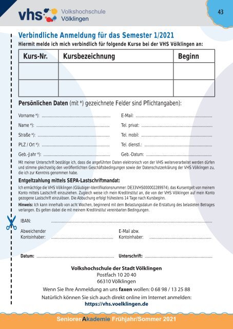 Programm der Seniorenakademie Frühjahr/Sommer 2021