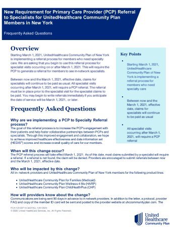 New Requirement for Primary Care Provider (PCP) Referral to Specialists for UnitedHealthcare Community Plan Members in New York FAQs