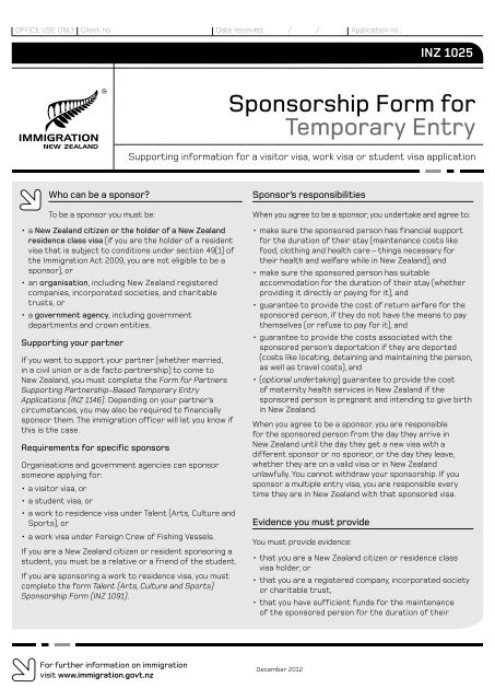 Sponsorship Form for Temporary Entry (INZ 1025) - Immigration