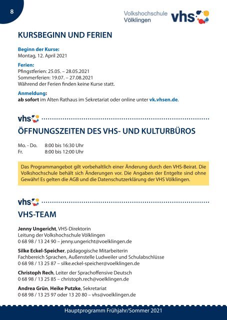 Virtueller Blätterkatalog der vhs Völklingen Hauptprogramm Frühjahr/Sommer 2021