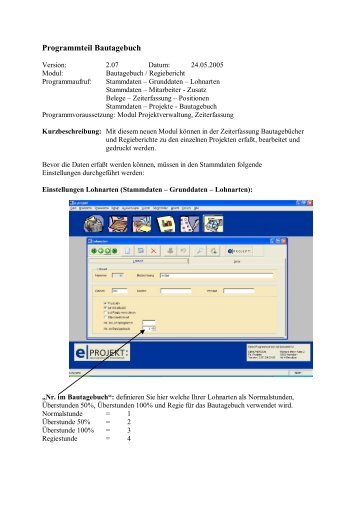 Bautagebuch / Regiebericht - e PROJEKT