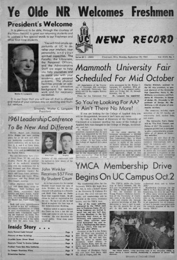 University of Cincinnati News Record. Monday, September 18, 1961 ...