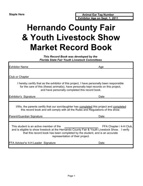 Hernando County Fair & Youth Livestock Show Market Record Book
