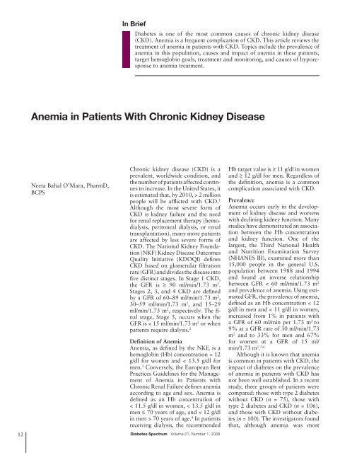 Anemia in Patients With Chronic Kidney Disease - Diabetes Spectrum