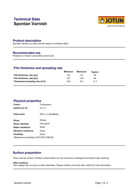 Technical Data Spontan Varnish - SML Marine Paints