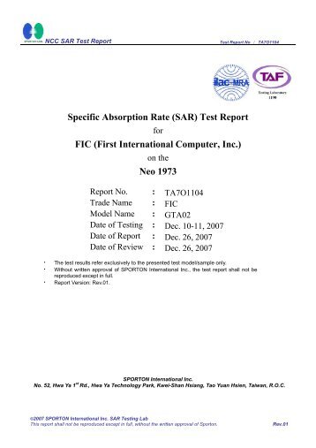 Specific Absorption Rate (SAR) Test Report FIC (First International ...