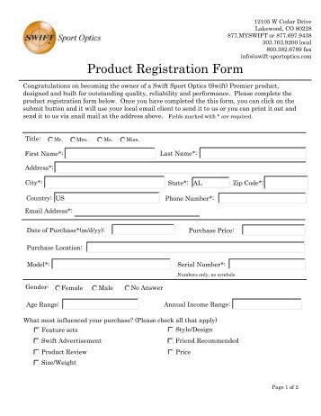 Swift Product Registration Form - Swift Sport Optics