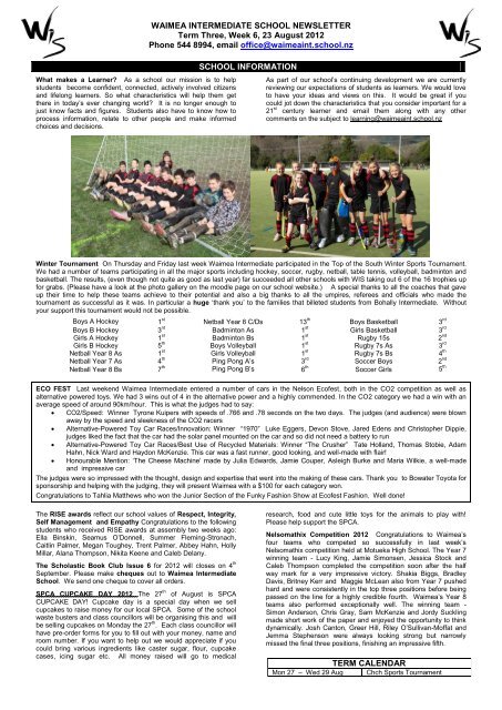 WAIMEA INTERMEDIATE SCHOOL NEWSLETTER Term Three ...