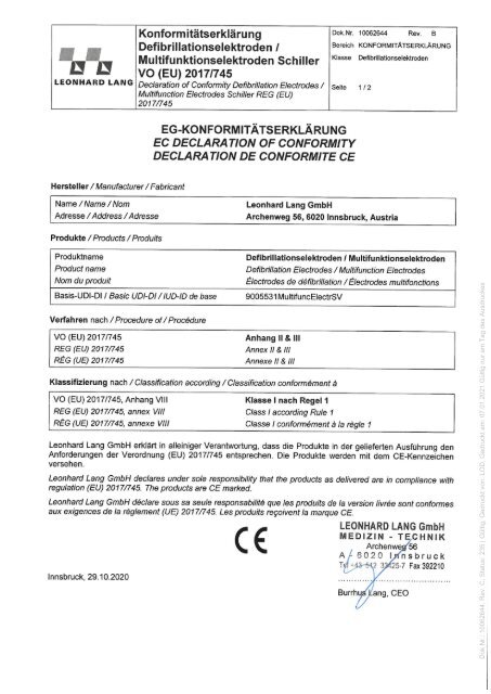 EC DECLARATION OF CONFORMITY alle Defi-Elektroden