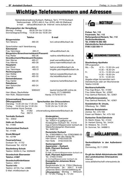 Tourist-Information/Verkehrsverein Durbach in der Zeit vom 30 ...