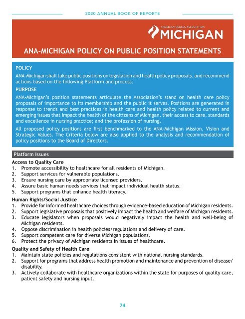 ANA-Michigan - 2020 Annual Book of Reports