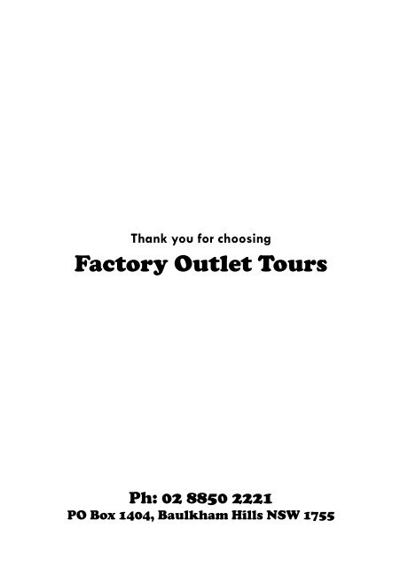 OUTLET FACTORY - Factory Outlet Shopping Tours in Sydney