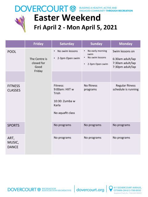 Dovercourt Easter 2021 schedule