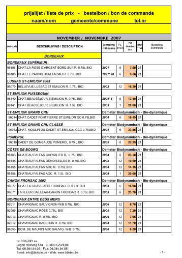 Prijslijst-Liste de prix wijn-vins-Part A4 STAAND 01.11.07 - BBK-BIO