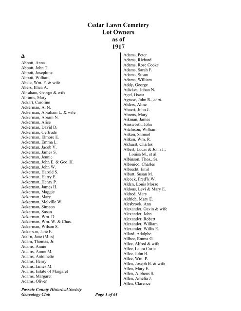 Cedar Lawn Cemetery Lot Owners as of 1917 - RootsWeb