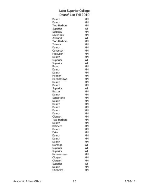 Lake Superior College Deans' List Fall 2010