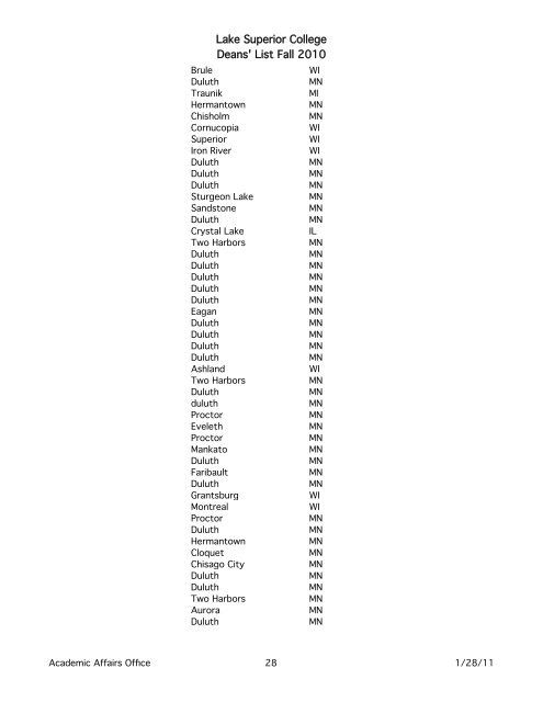 Lake Superior College Deans' List Fall 2010