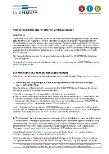 Verteilregeln für Interpretinnen und Interpreten - Swissperform
