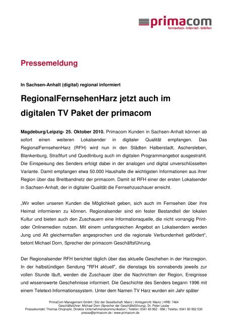 RegionalFernsehenHarz jetzt auch im digitalen TV ... - Primacom