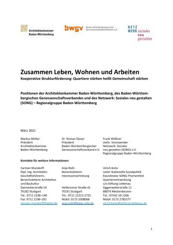 Positionspapier BWGV-AKBW-SONG - Zusammen Leben Wohnen und Arbeiten