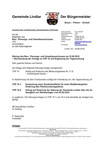 Sitzungsvorlage - Gemeinde Lindlar