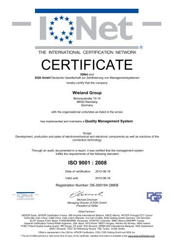 Annex to IQNet Certificate Number: 000194 QM08 - Wieland Electric