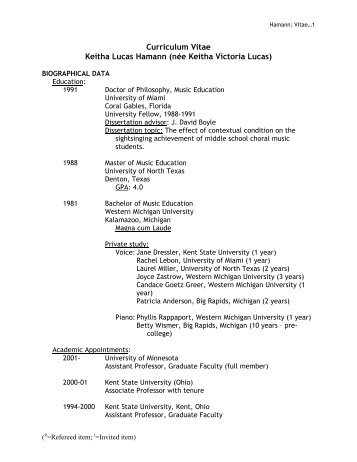 Curriculum Vitae Keitha Lucas Hamann - University of Minnesota