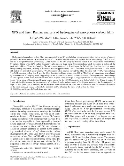 XPS and laser Raman analysis of hydrogenated amorphous carbon ...