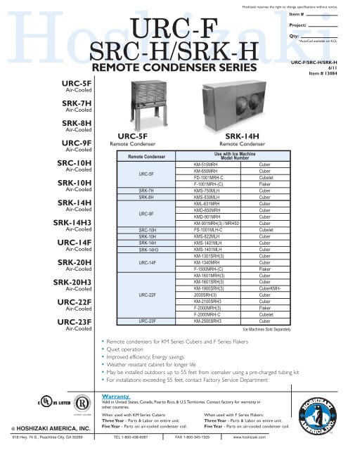 urc-f/src-h/srk-h remote condenser series air-cooled - Hoshizaki ...
