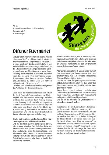 Offener Elternbrief an das Kultusministerium Stuttgart