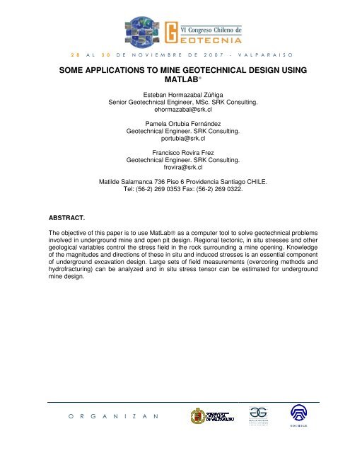 Matlab Geological Engineering SOME APPLICATIONS TO MINE GEOTECHNICAL DESIGN USING MATLAB