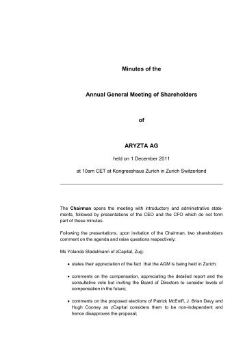 Minutes of the Annual General Meeting of Shareholders ... - Aryzta AG