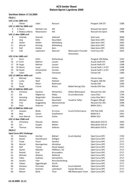 ACS beider Basel Slalom/Sprint Lignières 2009 Startliste Slalom ...