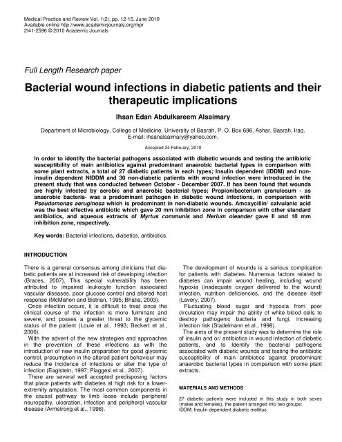 Bacterial wound infections in diabetic patients and their therapeutic ...